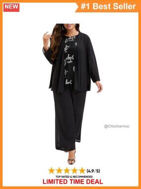 Plus Size 3 Piece Lace Pantsuit Sequin Tank Formal Wedding Guest Set